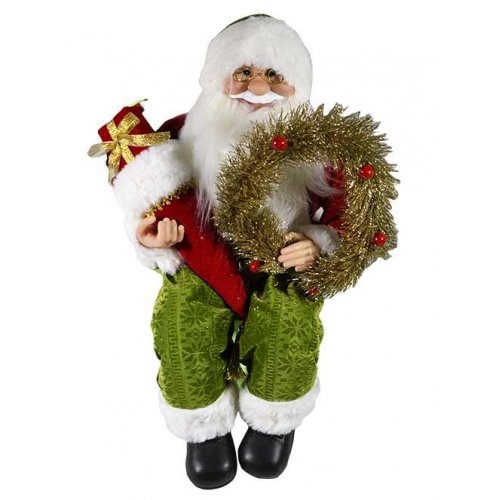 Дед Мороз AZ2020-143 с подарками и венком 60см зелёные штаны  (6)