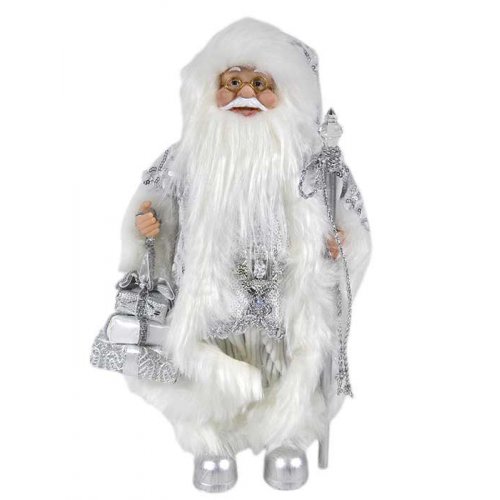 Дед Мороз AZ2021-328 с подарком и посохом серебристый костюм 30см (24)