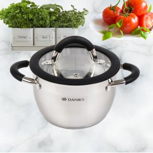 Кастрюля нерж Орландо GS-01435-16CA  1,9 л с крыш. крышка стекло  серебр, индукц397621 (6)