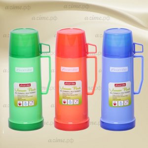 Термос 2070 450мл пластиковый со стеклянной колбой 1 чашка; синий, зеленый, красный (48)