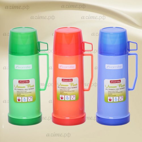 Термос 2070 450мл пластиковый со стеклянной колбой 1 чашка; синий, зеленый, красный (48)