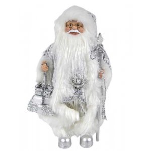 Дед Мороз AZ2021-329 с подарком и посохом серебристый костюм 45см (8)