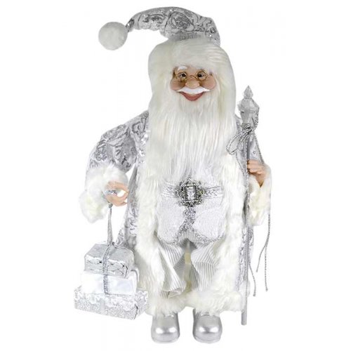 Дед Мороз AZ2021-330 с подарком и посохом серебристый костюм 60см (4)