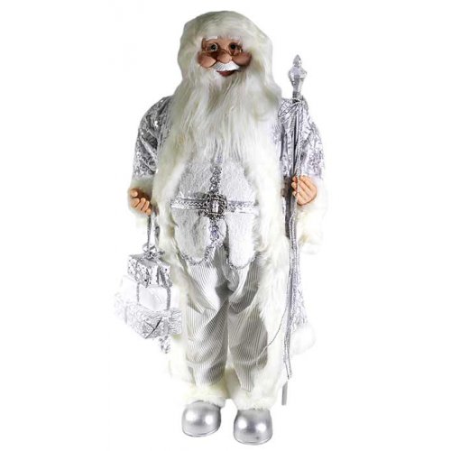 Дед Мороз AZ2021-331 с подарком и посохом серебристый костюм 90см (1)